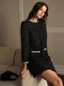 MOTF PREMIUM 粗花呢撞色连衣裙 - 黑色 - 查看 2