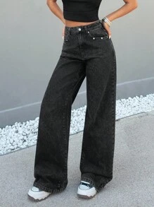 EURMUSE HIGH WAIST WIDE LEG CASUAL STYLE SNOW WASH Women S Clothes Women S Bottoms Women Summer Clothing Wide Leg Jeans Women - Black - View 3