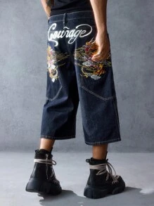 ROMWE MEN Anime Men's Denim Letter Dragon Embroidery Loose Fit Casual Shorts - Blue - View 7