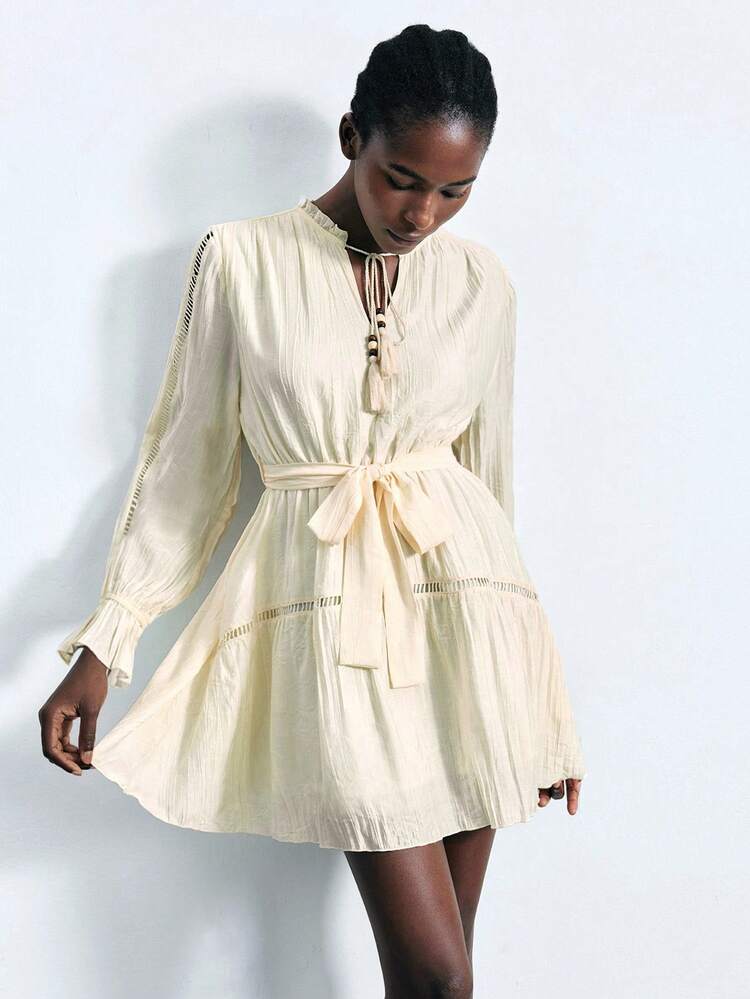 SHEIN Maija 2025 Early Autumn Vacation Round Neck Ruffle Tie Design Lace Patchwork Lantern Sleeve Textured Ruffle Design Women Short Dress Tie Front Dress Drawstring Dress Smock Dress Mini Dress Cream Dress