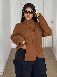 Maweii 大码女式纯色优雅毛领针织套头衫 - 駝色 - 查看 2