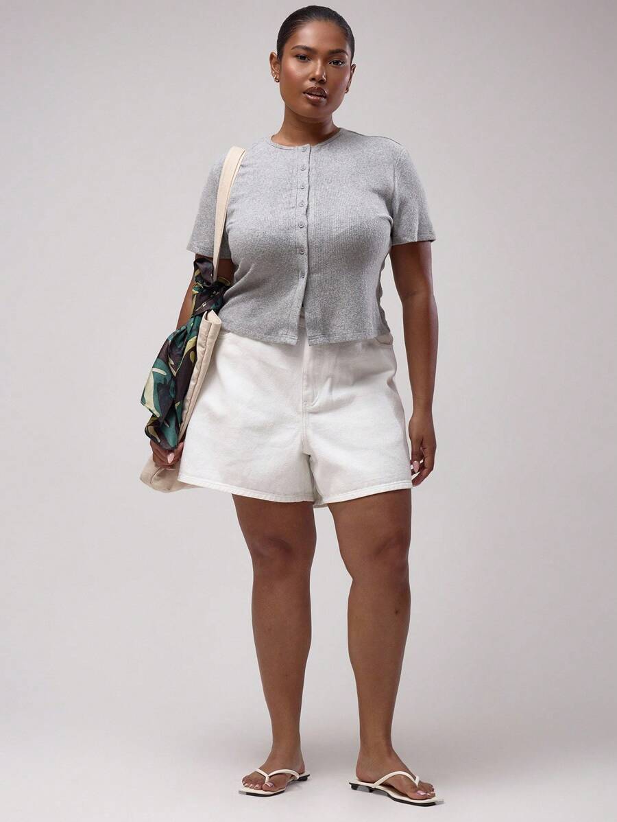 MUSERA 加大码水洗牛仔短裤，街头风、度假风、性感风、可爱风，夏季必备 - 白色 - 查看 1