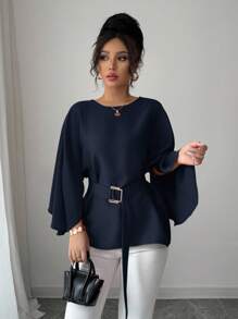 Selianne 女式法式圆领蝙蝠袖腰带亮红色衬衫，春夏 - 藏蓝色 - 查看 4