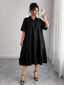 Elenzga Plus Size Casual Vacation Dress With Ruffle Collar Plus Size Ruffle Dress Plus Size Dress Ruffle Dress Plus Size Plus Size Black Dress Plus Size Elegant Black Dress - Black - View 4