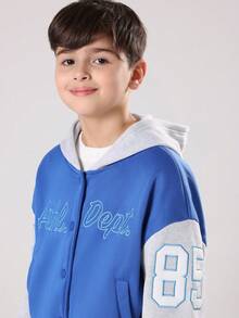 SUMWON Varsity Athletic Limited Edition Tween Boys Jacket Blue Grey Contrast Sleeves Autumn Winter Letter Print College Style Casual Everyday Outerwear With Hood - Blue - View 4