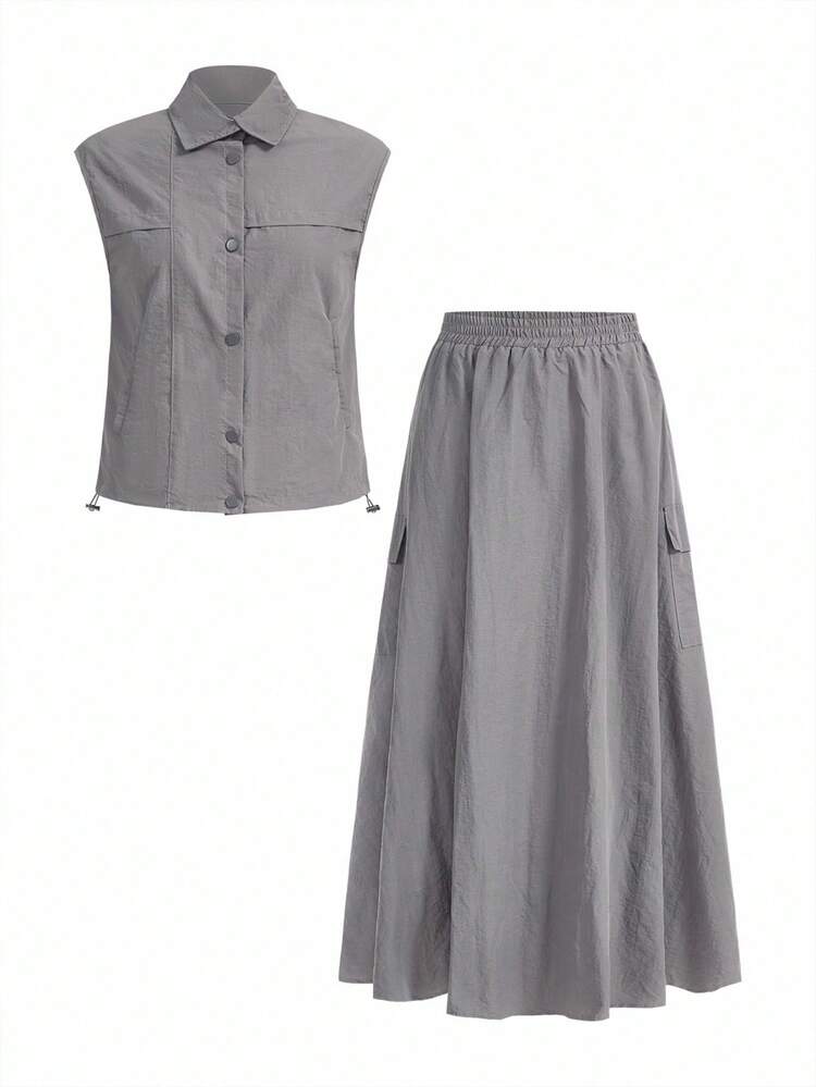 SHEIN x PRISCILA & JIMENA Women's Solid Single-Breasted Vest And Cargo Skirt 2 Pieces Casual Set Summer Lounge Sets For Women