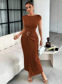 Lavishia Summer Apricot Shiny Chiffon Round Neck Short Sleeve Fashionable Metal Decor Slim Fit Dress For Women - Mocha Brown - View 4