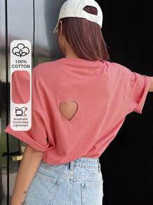 DAZY Heart Cut Out Drop Shoulder Tee - Pink - View 1