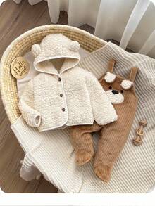 2pcs Newborn Baby Boy/Girl Cute Fluffy Hooded Jacket And Overalls Set, Autumn/Winter Baby Teddy Bear Outfit Winter Baby Clothes Sets Baby Bear Jacket Baby Hooded Cardigan Baby Set Autumn Winter Season Fall - Brown - View 1