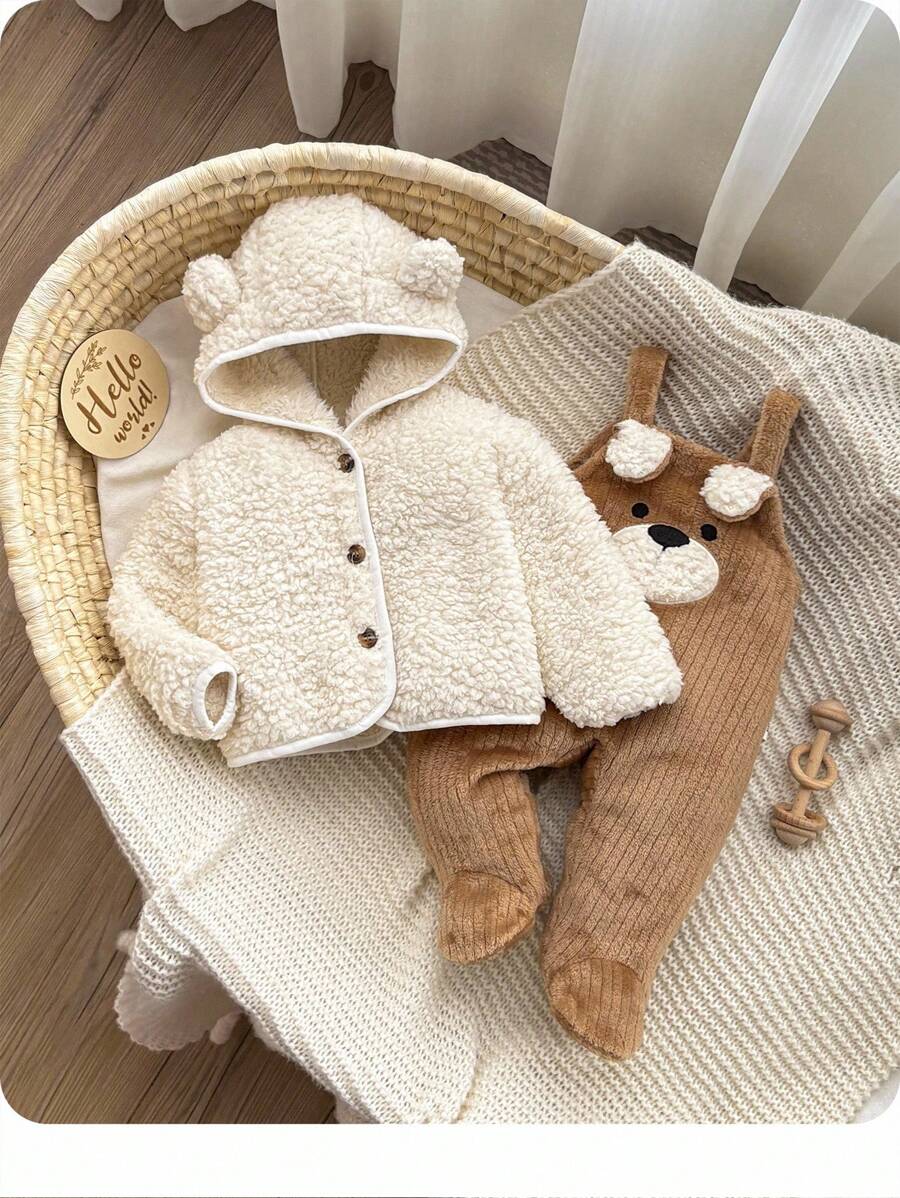2pcs Newborn Baby Boy/Girl Cute Fluffy Hooded Jacket And Overalls Set, Autumn/Winter Baby Teddy Bear Outfit Winter Baby Clothes Sets Baby Bear Jacket Baby Hooded Cardigan Baby Set Autumn Winter Season Fall - Brown - View 1