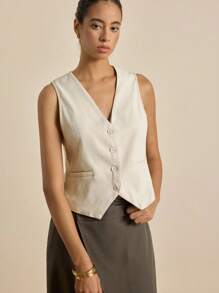 Airaco Women's Plain Sleeveless V-Neck Vest, Minimalist & Fashionable, Suitable For Summer - Apricot - View 2