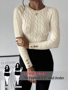 SHEIN PETITE CURVE Femmes grande taille, pull simple et élégant, style décontracté scolaire, polyvalent, col rond, tricot torsadé ajusté, manches longues, automne et hiver, élégant, manches longues, pull col rond. Petits pulls pour femmes, pulls pour femmes, pull-over pour femmes, pull en tricot torsadé, pull à boutons aux poignets - Nude - Voir 1
