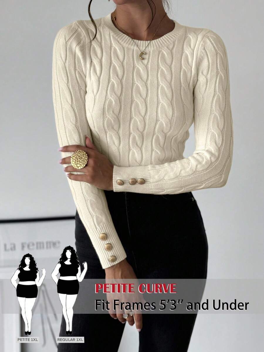 SHEIN PETITE CURVE Femmes grande taille, pull simple et élégant, style décontracté scolaire, polyvalent, col rond, tricot torsadé ajusté, manches longues, automne et hiver, élégant, manches longues, pull col rond. Petits pulls pour femmes, pulls pour femmes, pull-over pour femmes, pull en tricot torsadé, pull à boutons aux poignets - Nude - Voir 1