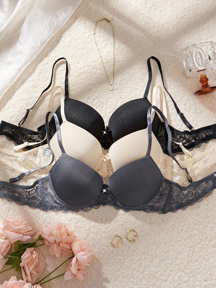 SHEIN 3pcs Lace Patchwork Women's Underwire Bra, Gather & Lift Casual Bra - Multicolor - View 1