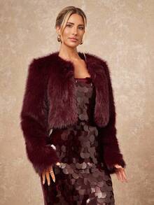 Lumalex 秋冬户外仿毛皮宽松直筒无领女式外套，舒适奢华，适合舞会、聚会等场合 - 酒紅色 - 查看 6