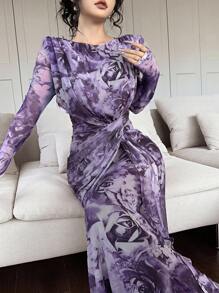 Feyla Women's Floral Print Round Neck Long Sleeve Twist Waist Elegant Dress - Purple - View 3