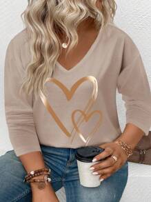 EMERY ROSE Women Plus Size V-Neck Best Selling Ombre Heart Graphic Print Long Sleeve T-Shirt, Casual Fall Cloth For Women