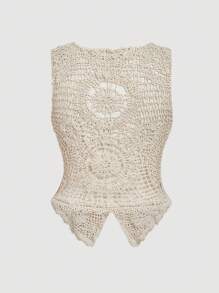 SHEIN MOD Plus Size Apricot Sheer Hollow Out Cardigan, Vintage Hollow Out Blouse,Back To School Crochet Vest Women Knit Top Women,Fall Clothes For Women - Apricot - View 4