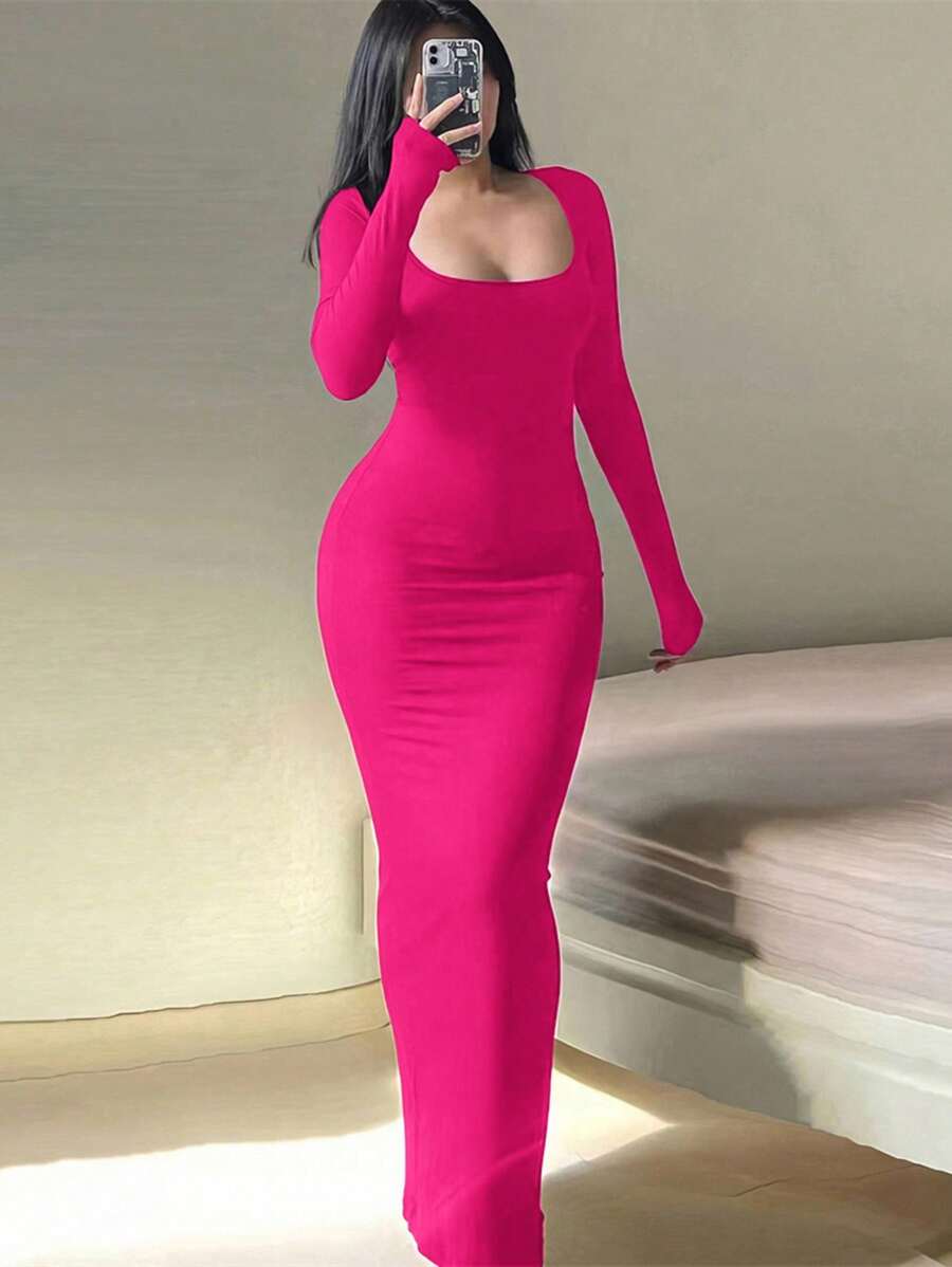 INAWLY Solva Chất rắn Cổ vuông Váy bodycon - Màu Hồng Tươi - Xem 1