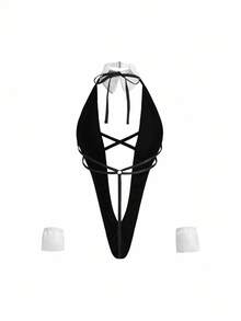 4件套女老板万圣节女仆性感俏皮OL内衣套装，黑白 - 黑與白 - 查看 6