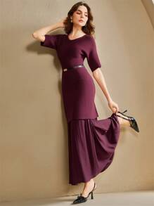 Anewsta Vestido de punto largo elegante y de moda 2 en 1 para mujer - Burdeos - Ver 5