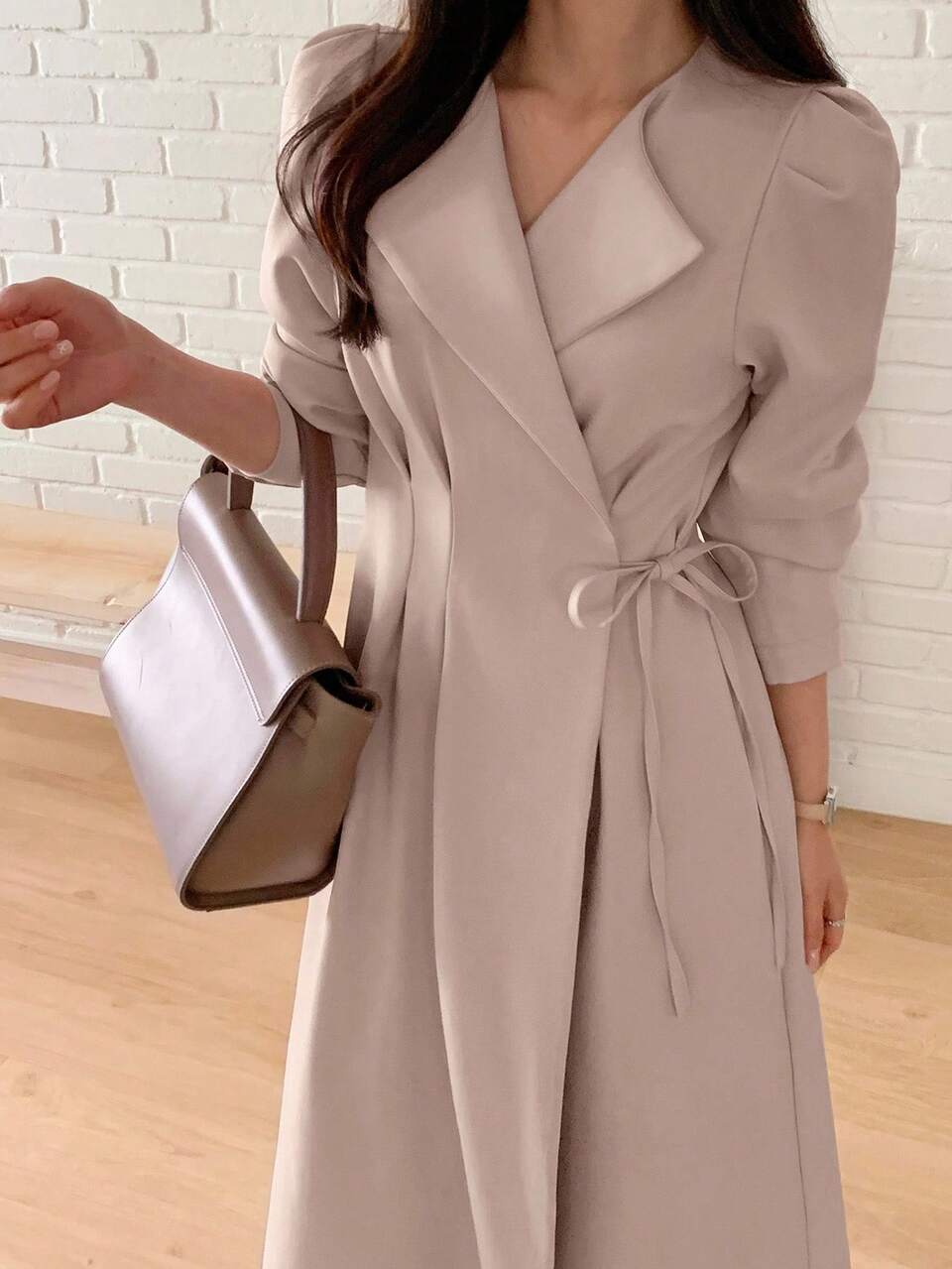 Women's Lapel Waist Cinched Long Sleeve Mid-Length Dress Maxi Dress