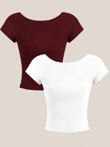 SHEIN EZwear 2 件套休闲纯色深玫瑰棕色和白色露背圆领短袖短款 T 恤，适合夏季穿着 - 彩色 - 查看 2