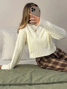 EURMUSE 奶油色粗针织短款毛衣，3D 蝴蝶结细节和罗纹下摆 - 女性化舒适触感 - 杏色 - 查看 5