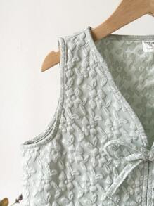 Tween Girl Casual Jacquard Bowknot Strap Tank Top And Shorts 2 Pieces Set - Mint Green - View 8