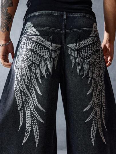 Street Life Casual Loose Straight Leg Button Wings Fly Men's Distressed Jeans