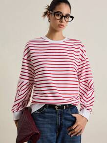 Airaco Casual Versatile Striped Contrast Color Sweatshirt, Autumn/Winter Pullover Fall - Red and White - View 1