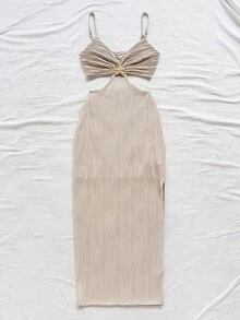 Soleia 女士度假休闲性感腰部镂空细肩带波浪纹理面料中长连衣裙，适合派对、度假、音乐节、节日约会、下午茶、海滩 - 卡其色 - 查看 7