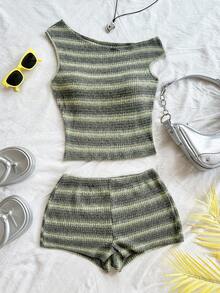 Soleia 2pcs Women Casual Asymmetrical Shoulder Fitted Top And Super Low-Waist Skinny Shorts Set, Suitable For Party, Christmas, Date Night, Nightclub, Bohemian, Boho, Vacation, Fall - Green - View 3