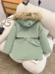 1 Stück Mädchen Farbblock Gepolsterte Jacke, Fleece Futter, Kapuze, Kunstfell Kragen, Reißverschluss, Taille, große Taschen, Winter