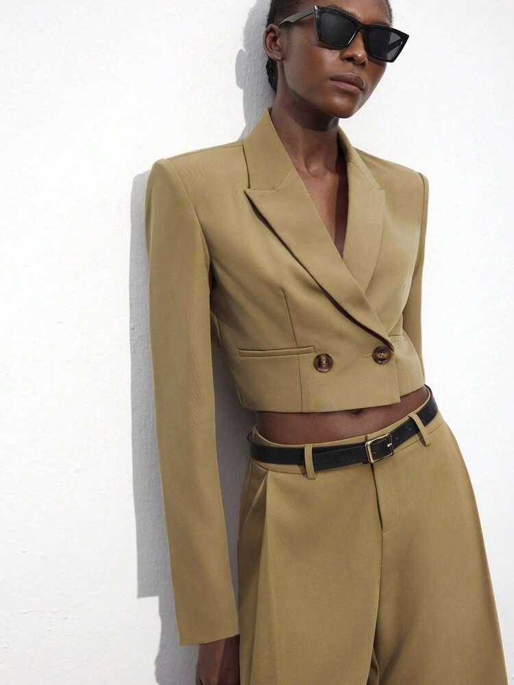 SHEIN Maija Khaki Color Double-Breasted Short Blazer, Casual Work Versatile, Autumn/Winter, Festival