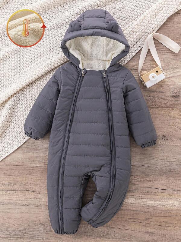 SHEIN Baby Boy Winter New Thickened Fleece Lined Zipper Jumpsuit Romper, Autumn/Winter Cotton Outerwear, Versatile Casual Fall