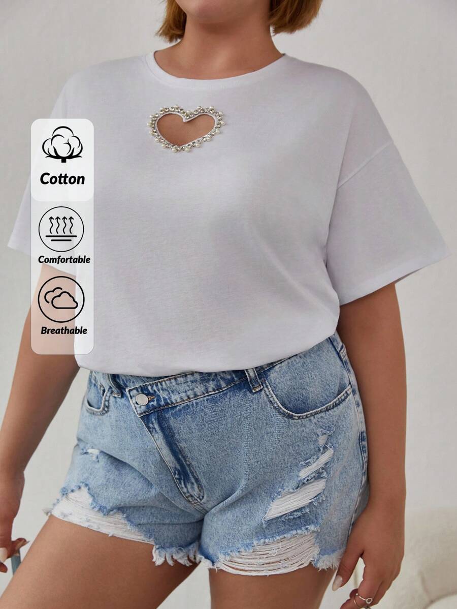 EURMUSE Plus Cottnline Rhinestone Heart Cutout T-Shirt - White - View 1