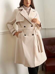 SHEIN Clasi 大码女款撞色饰边及膝风衣 - 杏色 - 查看 1