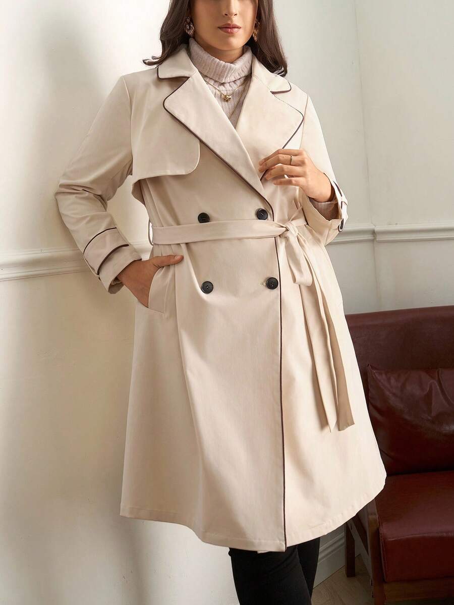 SHEIN Clasi 大码女款撞色饰边及膝风衣 - 杏色 - 查看 1