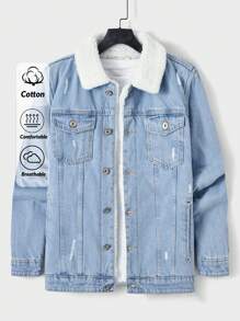 RueChic Cotton Men Borg Collar Flap Pocket Denim Jacket Without Tee - Blue - View 1