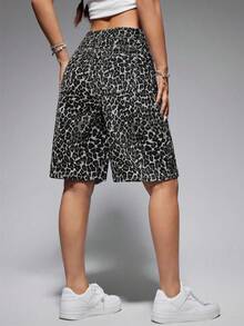 SHEIN ICON Women's Fashionable Leopard Print Denim Shorts, Summer - Multicolor - View 2