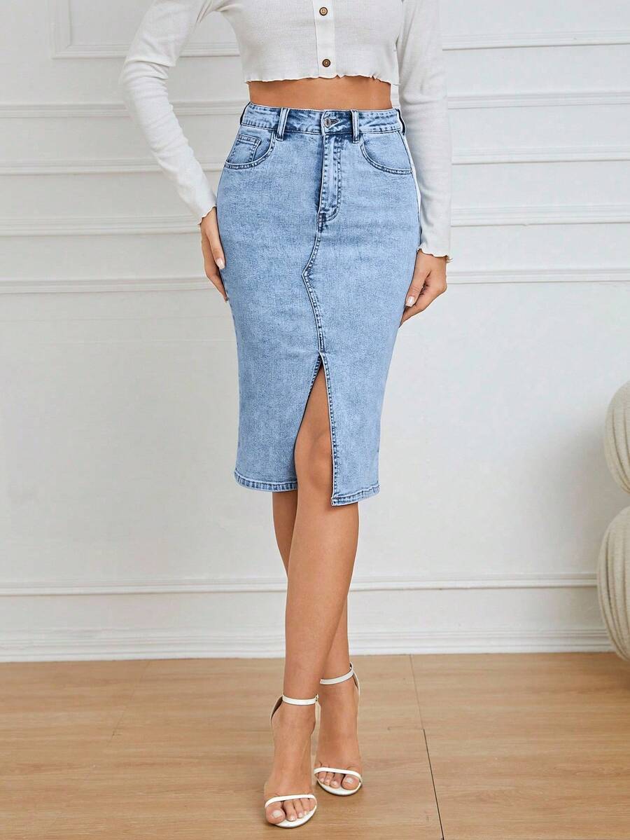 SHEIN Privé 夏季休闲水洗开衩修身牛仔迷你裙 - 淺色水洗藍 - 查看 1