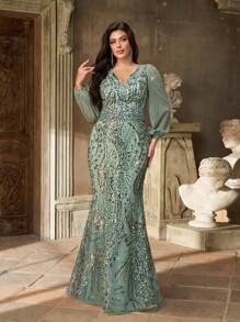 Aureia Đầm dạ hội cỡ lớn dành cho mùa thu đông, thanh lịch, lộng lẫy, màu xanh lá cây, thêu sequin, cổ chữ V, đính cườm, tay phồng, dáng ôm, đuôi cá, thích hợp cho bữa tối, tiệc độc thân, hẹn hò, khiêu vũ, lễ hội, đám cưới, sự kiện (kiểu dáng cầu kỳ), ngày Valentine. - màu xanh lá - Xem 3
