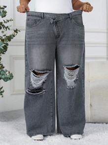SHEIN CURVE+ Jeans larghi con tasche asimmetriche in vita e effetto vissuto per taglie comode da donna - Grigio - Visualizzare 6