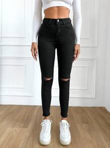 EURMUSE 97% Cotton High Waist Ripped Skinny Jeans - Black - View 5