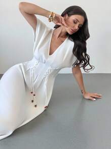 Firerie Vestido largo elegante con cintura anudada para mujer - Blanco - Ver 2