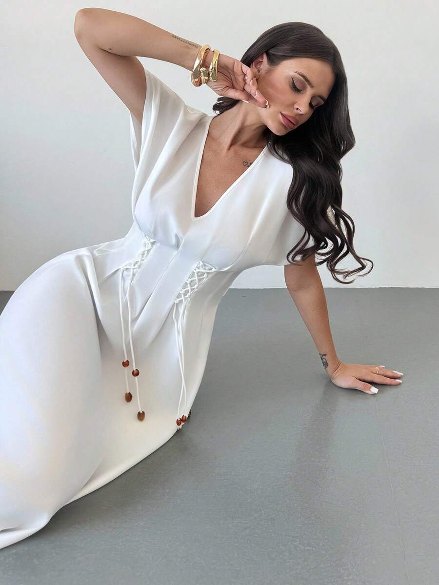 Firerie Vestido largo elegante con cintura anudada para mujer