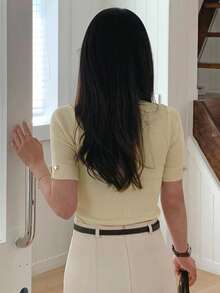 DAZY 女式修身优雅系带短袖针织上衣 - 杏色 - 查看 5