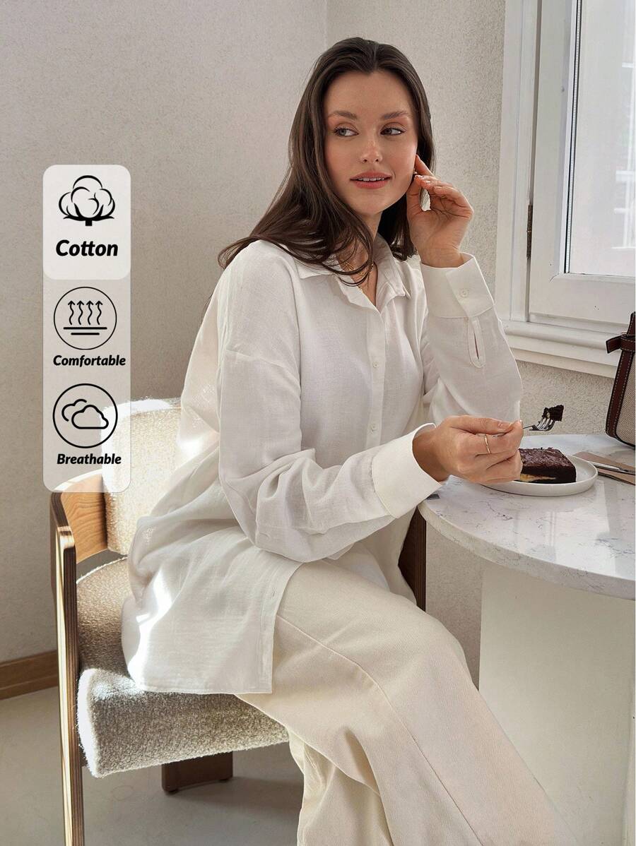EURMUSE Shirt With Plain Drop Shoulder Button At Front - White - View 1