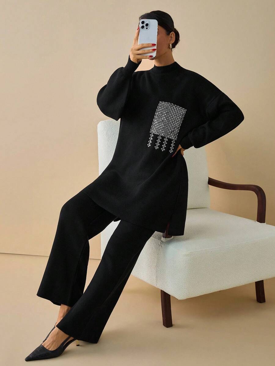 EURMUSE Black Knit Tunic With Rhinestone-Studded Pocket And Fringe Detailing Long Sleeve Two Piece Set Lounge Wear Knit Two Piece Set Two Piece Lounge Set Womens Knit Set,Co Ord,Winter Clothes - Black - View 1